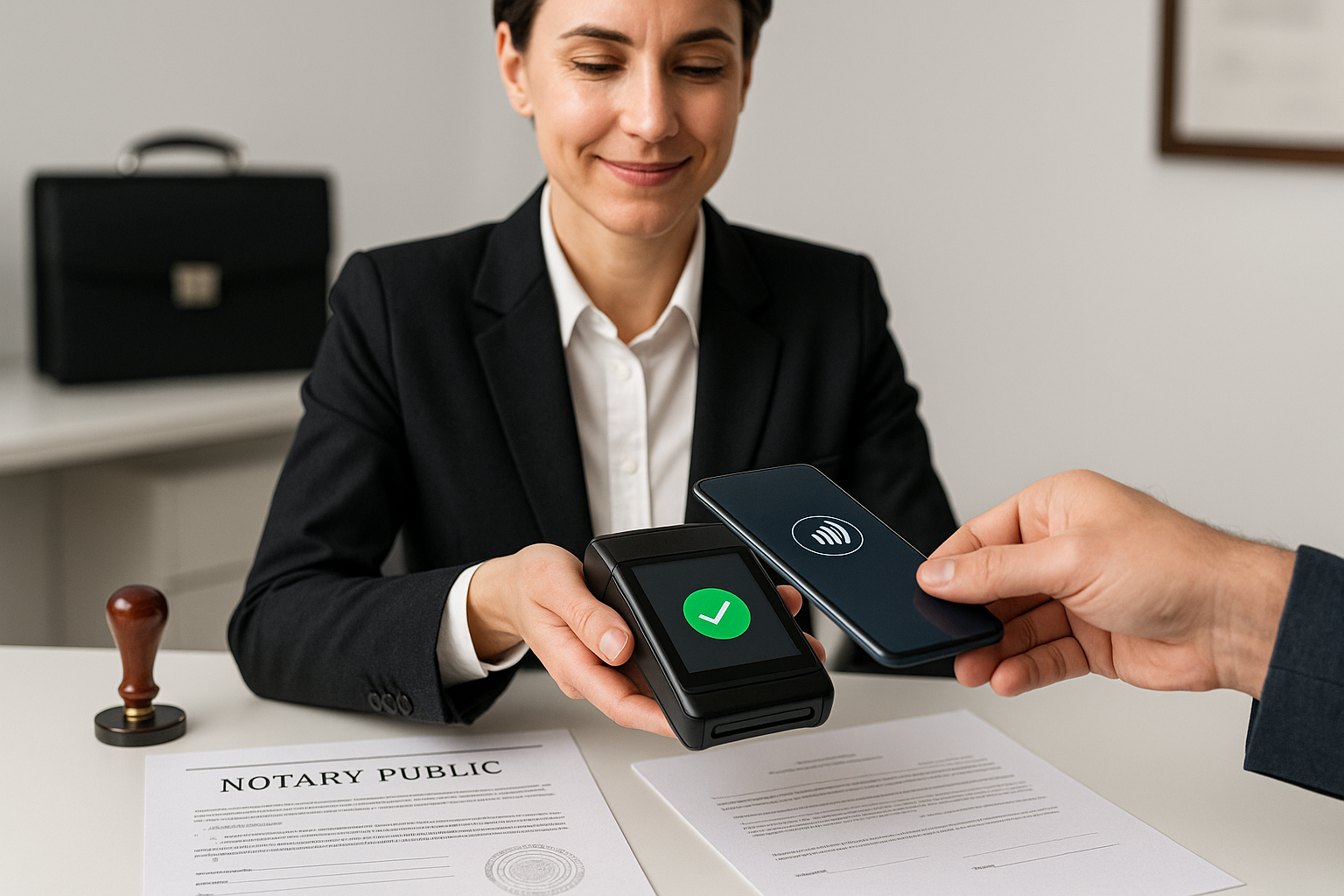 A notary public taking payments electronically via tap&Pay hardware
