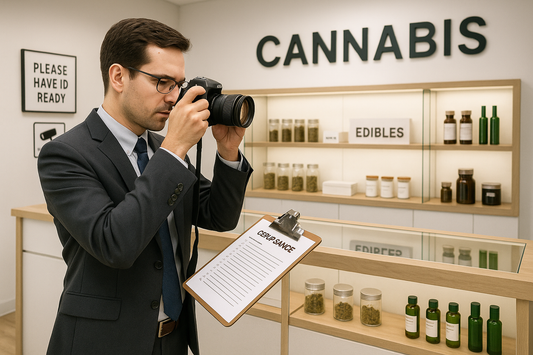 Field Inspectioner with a camera doing a compliance check on a weed dispensary